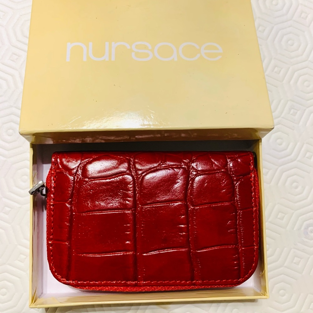 Glossy bright red real leather key chain zipped coin purse croc pattern New box